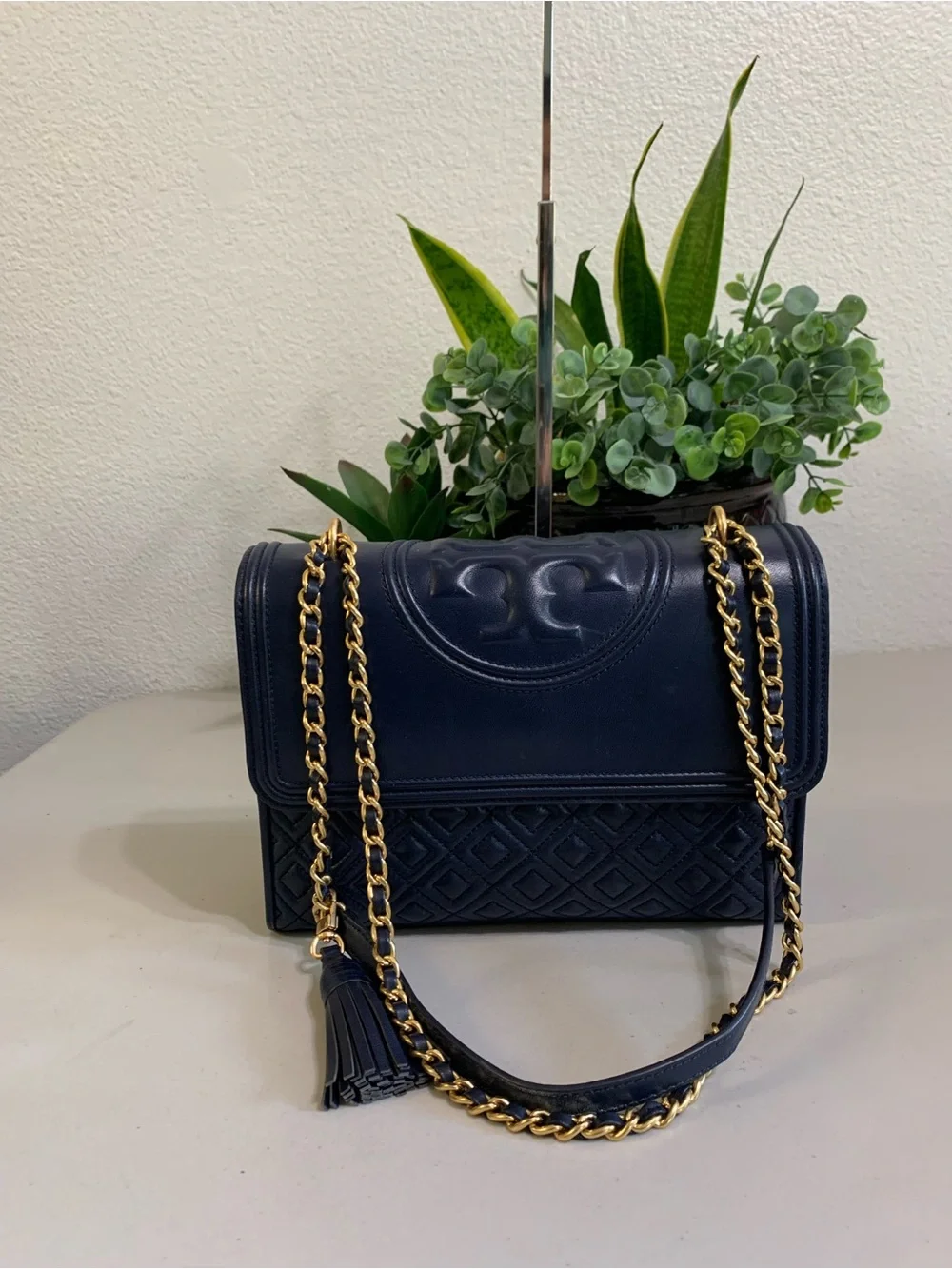 👜💕 Tory Burch Navy Fleming Quilted Leather Shoulder Bag
